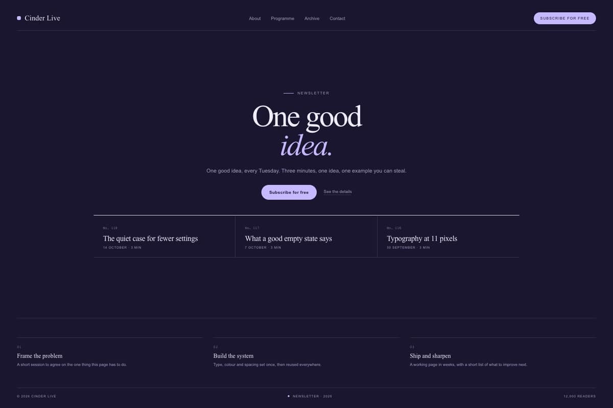 Cinder Live — full page preview
