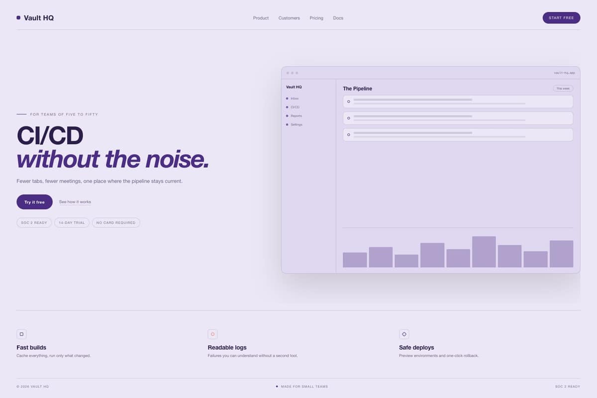 Vault HQ — full page preview