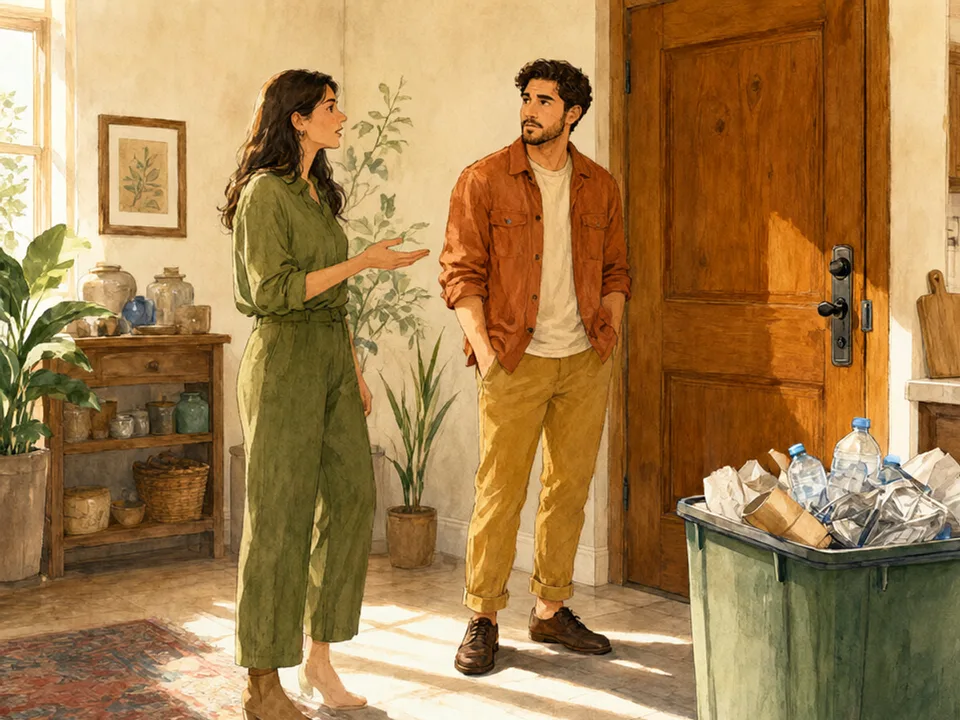 Step 11 of 12: Handle a missed chore without a trial. Two people looking at a full recycling bin by the kitchen door