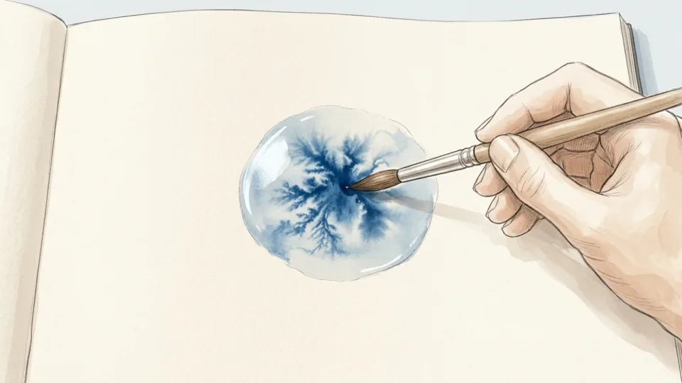 Step 7 of 15: Drop colour into wet paper. A brush tip touching a pool of water on the page, a bloom of blue pigment spreading outwards through the damp area.