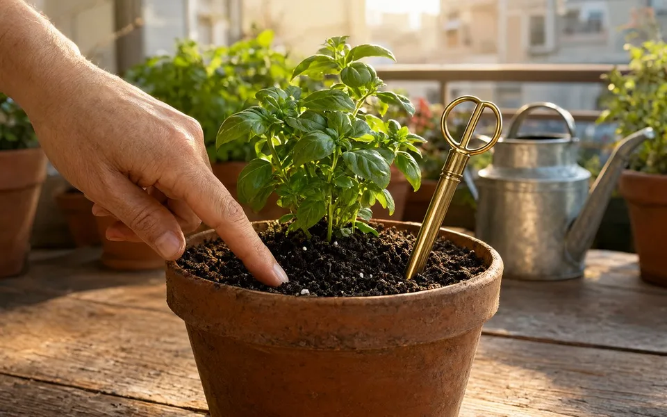 Checking soil moisture in a potted herb on a balcony