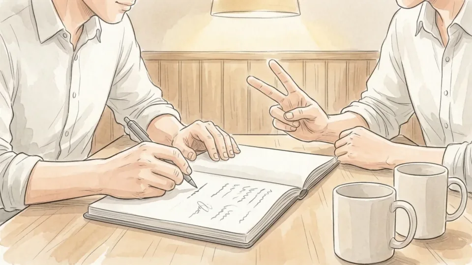 Step 14 of 15: Say the actions out loud before you leave. Close view of two people leaning over an open notebook at the end of a meeting, one writing a short line while the other holds up two fingers to count off the actions they agreed, two mugs pushed to one side.