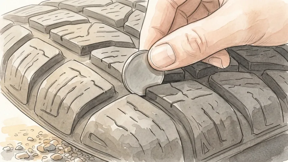 Step 12 of 15: Look at the tread while you are down there. A hand pressing a small coin into the groove of a tire tread, close enough to see the texture of the rubber.