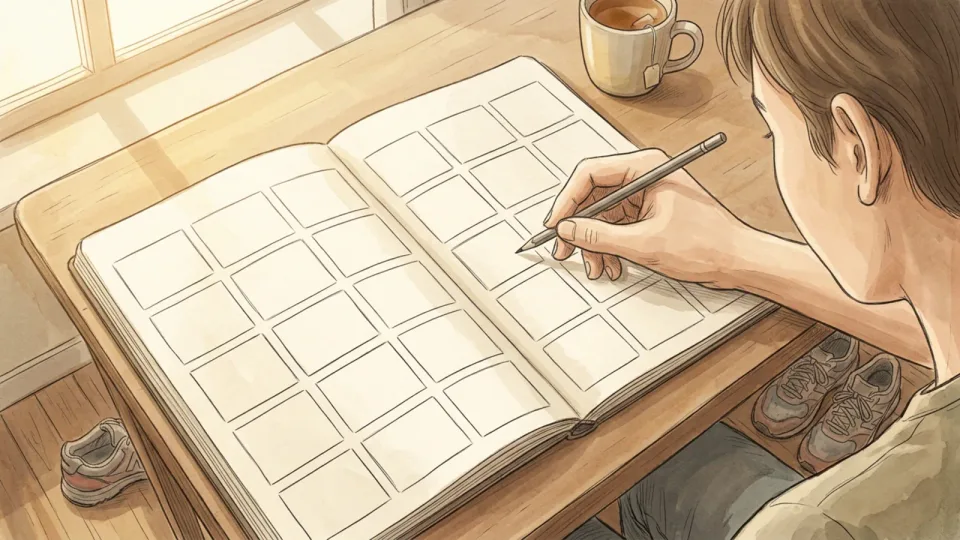 Step 3 of 15: Choose a realistic total session length. A hand holding a pencil over the empty grid of an open paper planner, with a mug of tea and a pair of running shoes nearby.