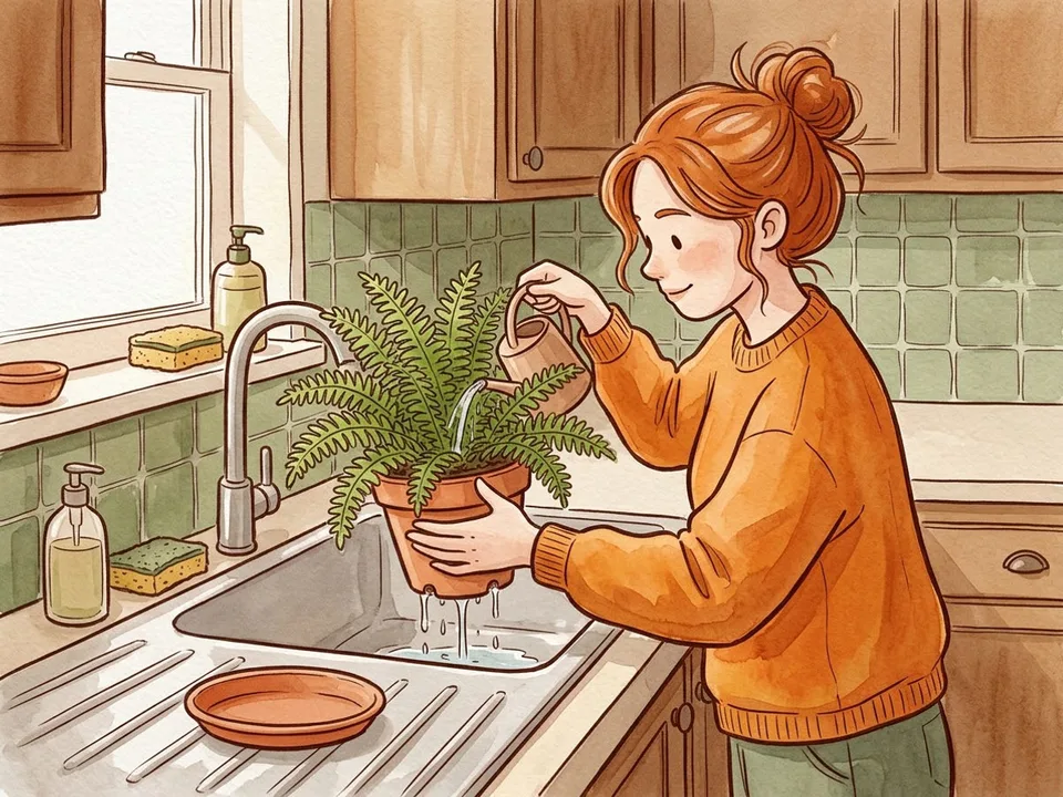 Step 2 of 12: Water thoroughly and let it drain. A gardener pouring water over a fern held above the sink so it drains