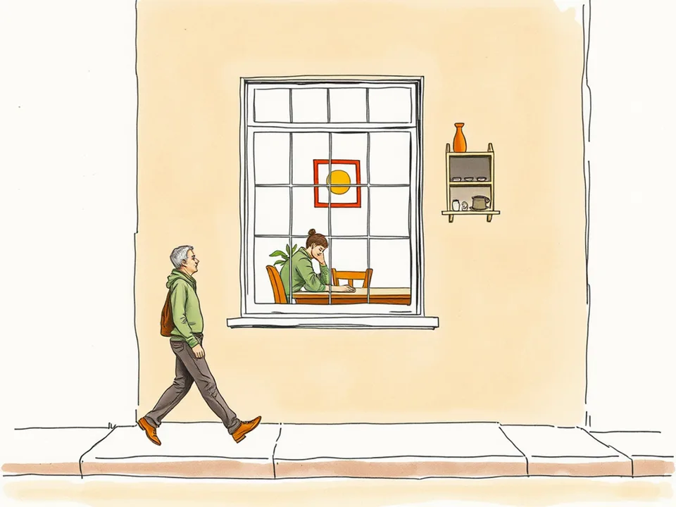 Step 10 of 12: Take a break if it escalates, and name when you return. A person walking alone on a quiet street during a pause while another waits at home