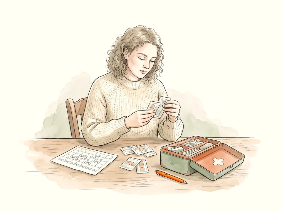 Step 9 of 12: Check expiry dates every six months. A woman checking dates on bandage packets beside a calendar