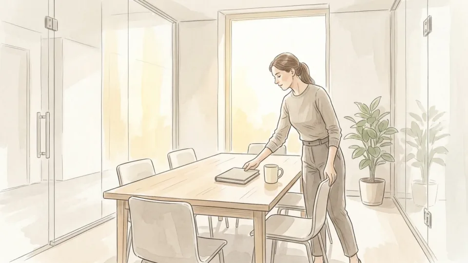 Step 11 of 15: Arrive five minutes early and clear the decks. A woman setting a notebook and a mug down on the table of a small glass-walled meeting room, pulling out a chair, with soft daylight from the window.
