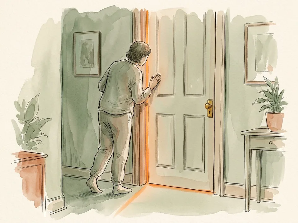 Step 11 of 15: Wait thirty seconds before you go in. A parent standing outside a nursery door with a hand on the frame, listening, a nightlight under the door