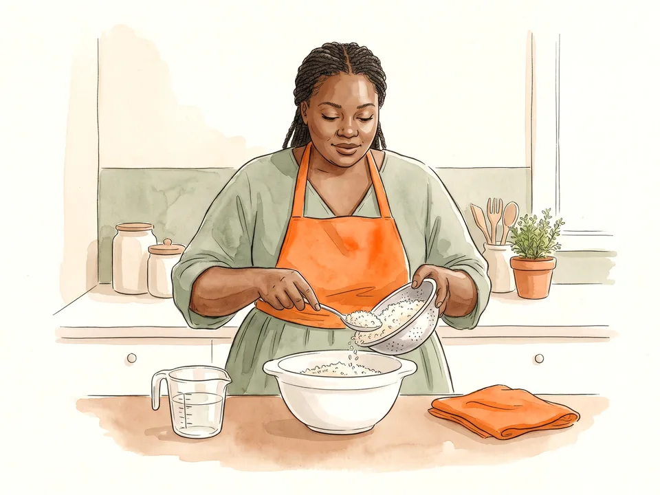 Step 9 of 12: Use a large microwave-safe bowl. A cook spooning rice into a large microwave-safe bowl