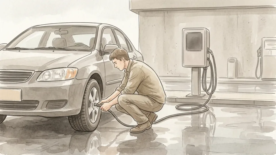 Step 9 of 15: Add air to anything reading low. An air hose held against a tire valve at a service station, with the inflator unit standing on the forecourt behind.