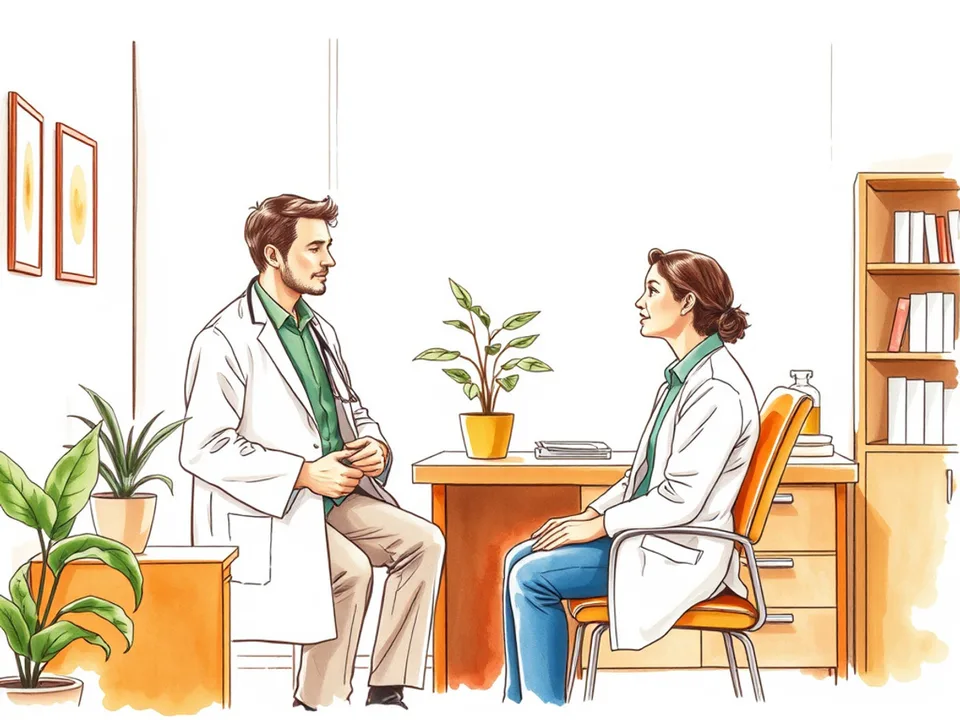 Step 11 of 12: Know what needs a professional. A doctor talking with a patient in a bright clinic room