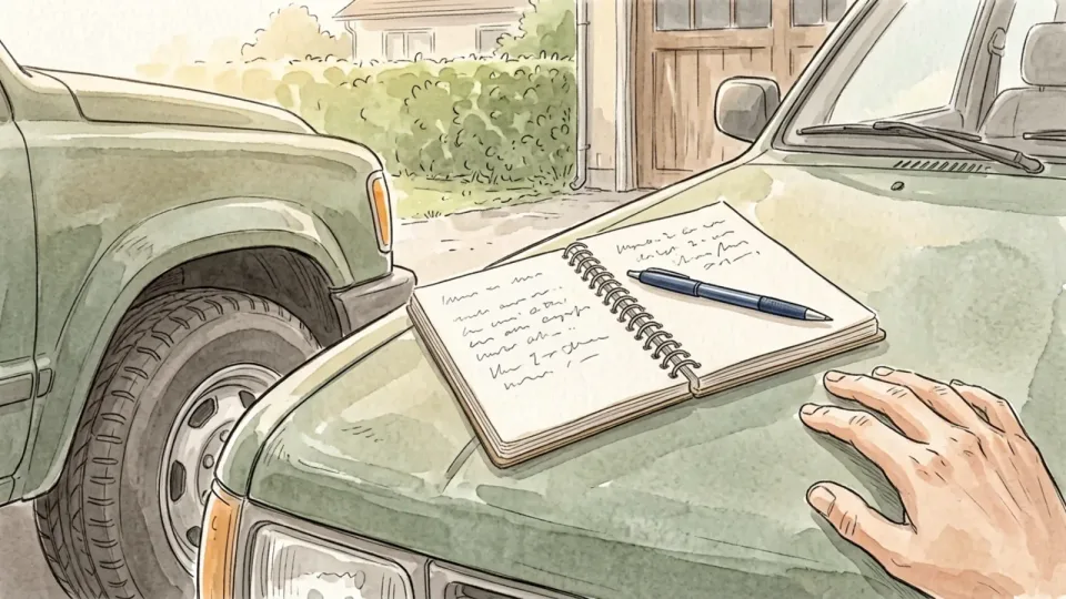 Step 3 of 15: Note whether the front and rear differ. A small notebook and a pen resting on the bonnet of a car in a driveway, with the front wheel in the foreground.