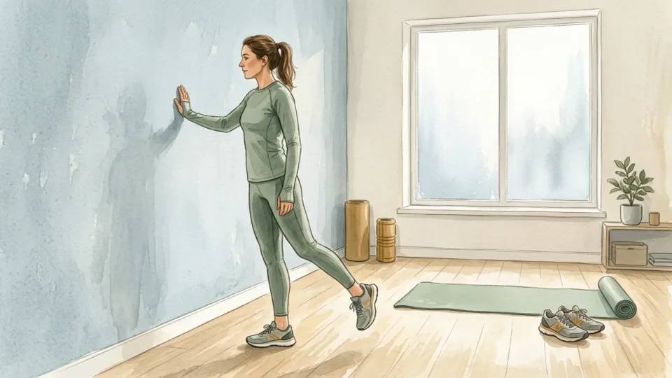 Step 3 of 12: Warm up before settling into your pace. A person doing leg swings in a spare room at home before going outside, cold daylight from a window