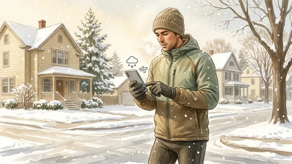 Step 9 of 12: Set weather and health limits in advance. A person in winter gloves looking at a phone on a snowy residential street, with weather icons nearby