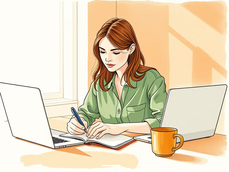 Step 1 of 15: Name the three things you cannot lose. A woman at a desk writing a short list of important folders in a notebook beside an open laptop