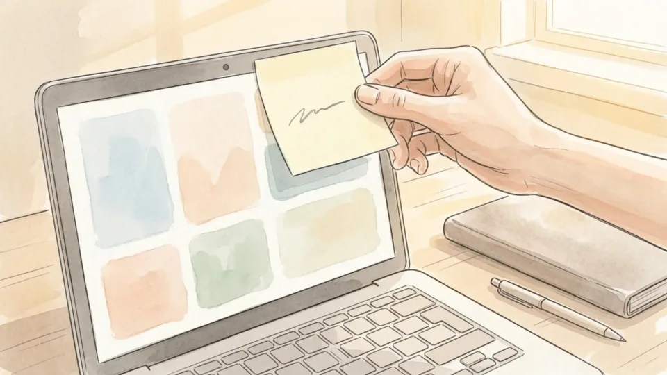 Step 2 of 15: Set a first milestone you can reach. A hand pressing a pale sticky note onto the edge of a laptop screen on a tidy desk.