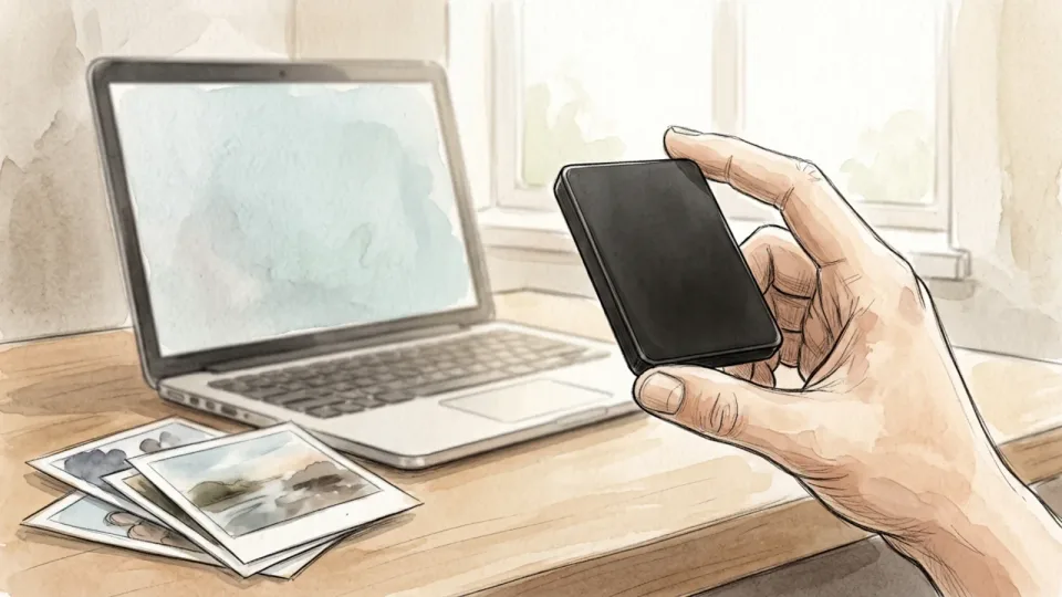Step 4 of 15: Check available storage. A hand holding up a small external drive to look at it, with a laptop and a stack of printed photographs on the desk behind.