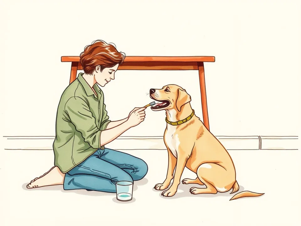 Step 10 of 12: Reward and finish calmly. A person giving a dental chew to a sitting dog after brushing its teeth