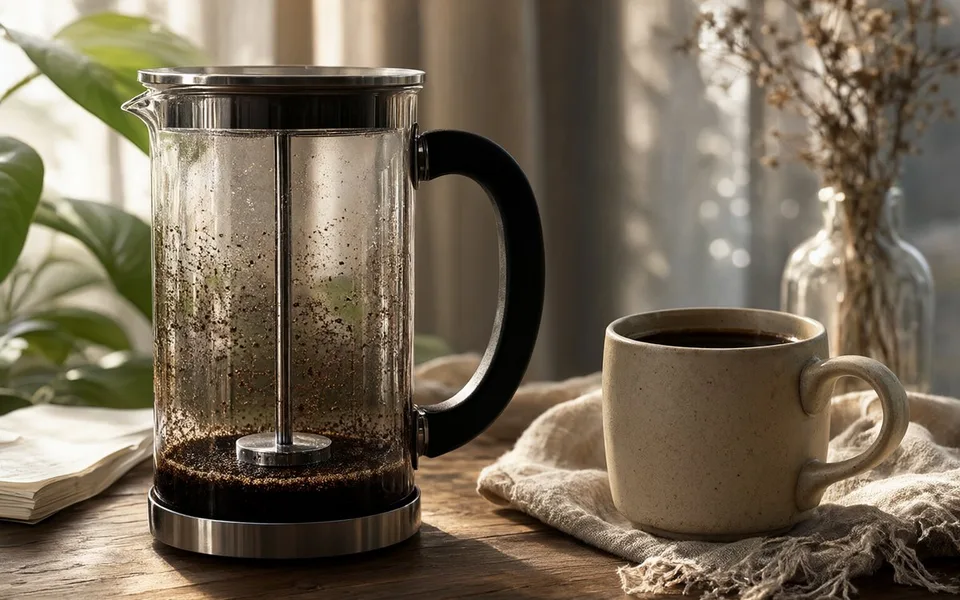 A French press of coffee steeping next to a ceramic mug