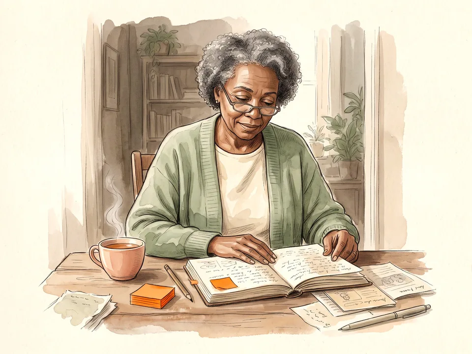 Step 11 of 12: Review and revisit pages. A woman reviewing old journal pages at a desk with tea