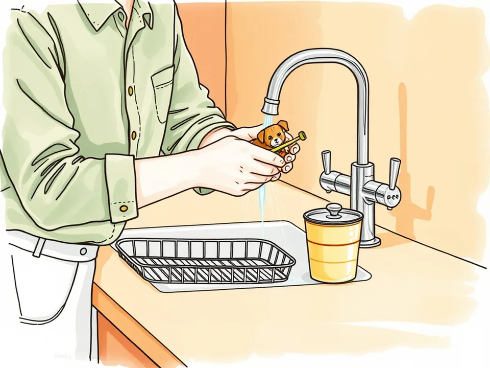 Step 11 of 12: Clean the brush and store it dry. A person rinsing a dog toothbrush under a tap beside a drying rack