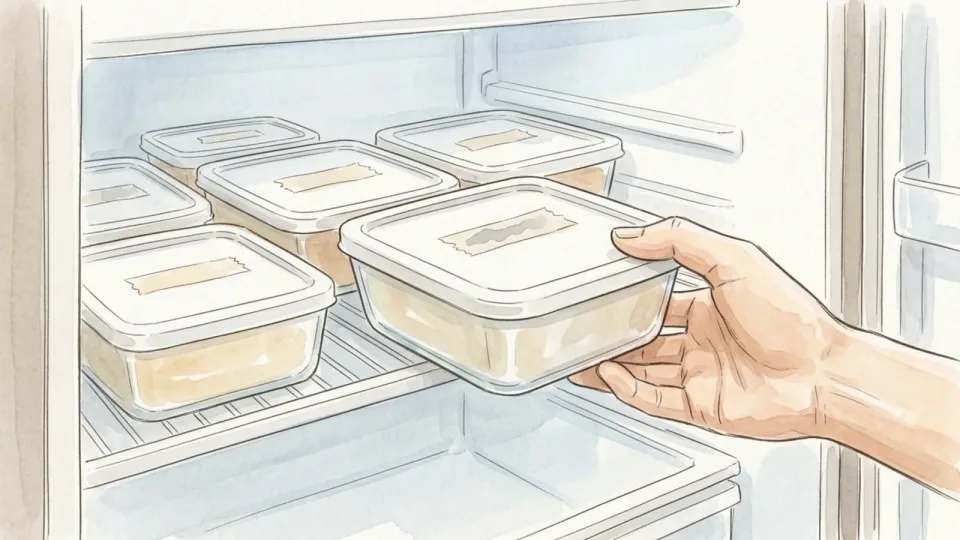 Step 12 of 15: Work to the three-to-four-day rule. An open refrigerator shelf with containers lined up front to back, each with a small strip of pale tape on its lid, and a hand lifting out the one nearest the front.