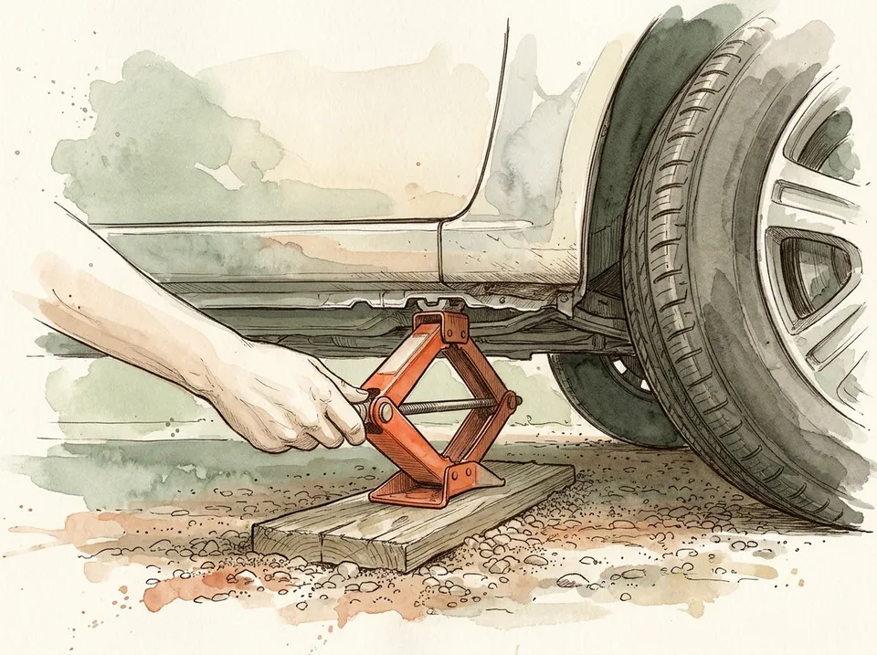 Step 7 of 15: Find the reinforced jack point behind the front wheel. A hand sliding a scissor jack under the reinforced jack point behind the front wheel of a sedan
