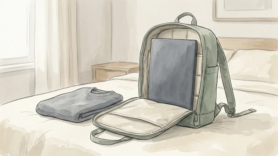 Step 10 of 15: Load the heavy flat things against your back. A backpack lying open on its face showing a laptop slid upright into the rear padded panel, a folded jumper waiting alongside.