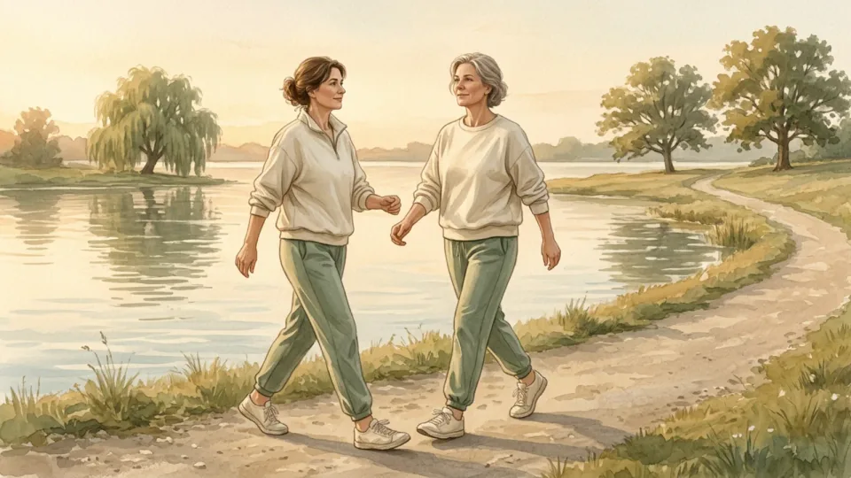 Step 3 of 15: Notice how walking feels first. Two people walking together on a lakeside path in warm morning light