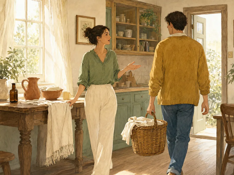 Step 5 of 12: Assign ownership, not tasks. One person carrying a laundry basket away while the other holds a dish towel