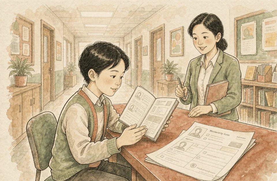 Step 2 of 12: Read the school's club rules before you recruit. 学生在学校办公室阅读社团手册与报名表