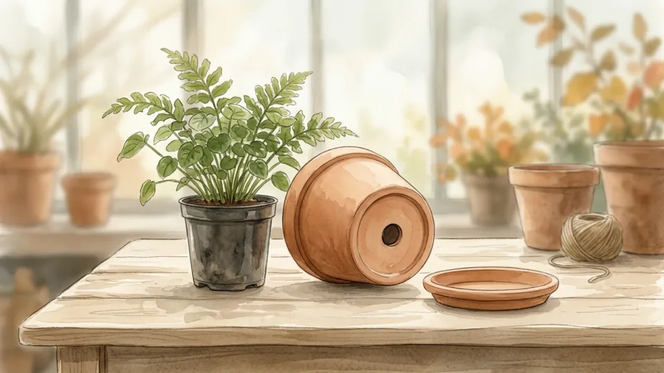 Step 5 of 15: Choose a pot with drainage. Two clean plant pots of slightly different sizes, with a visible drainage hole in the larger pot.