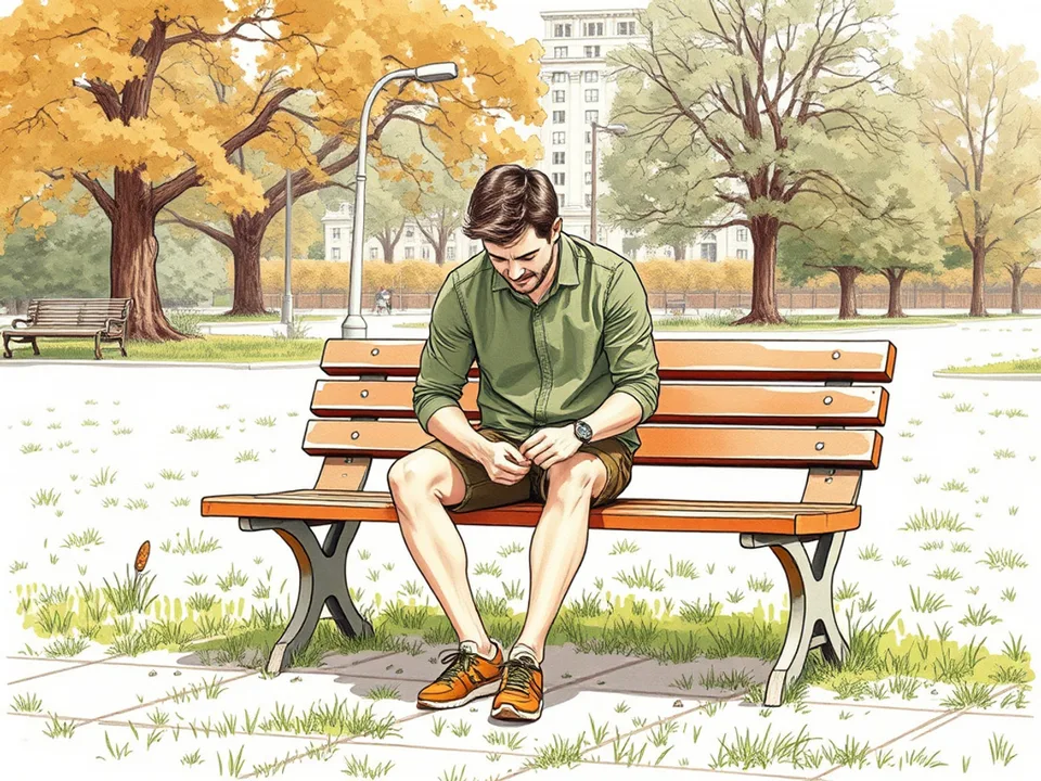 Step 1 of 12: Separate discomfort from pain before you start. A person sitting on a wooden park bench tying a running shoe