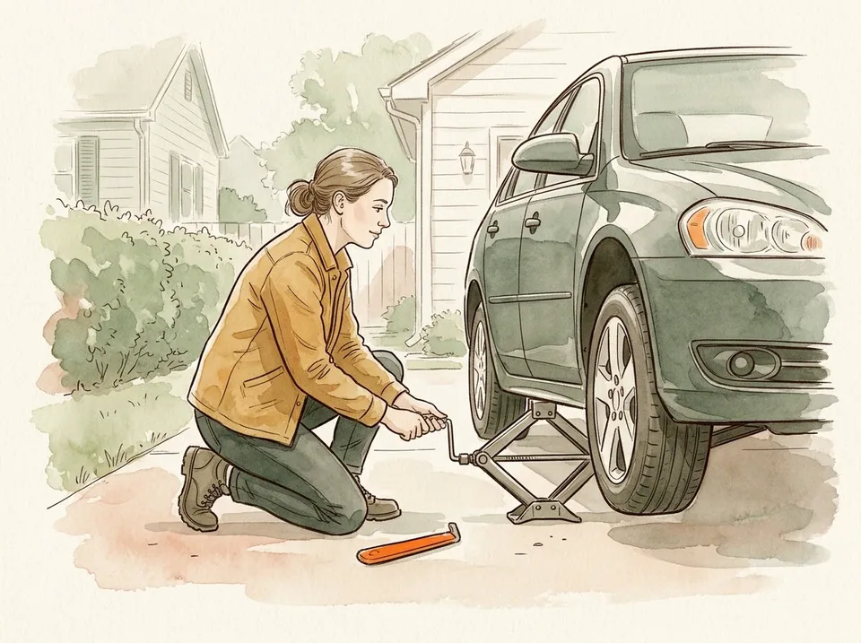 Step 8 of 15: Raise the car only until the flat clears the ground. A woman turning the handle of a scissor jack, lifting the front corner of a sedan until the flat tire clears the ground