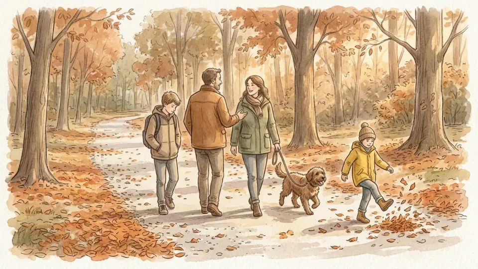 Step 15 of 15: Redesign the meeting as the family changes. A family of four walking along a leaf-covered path through an autumn park, two adults talking as they walk, the youngest running ahead and a dog on a lead.