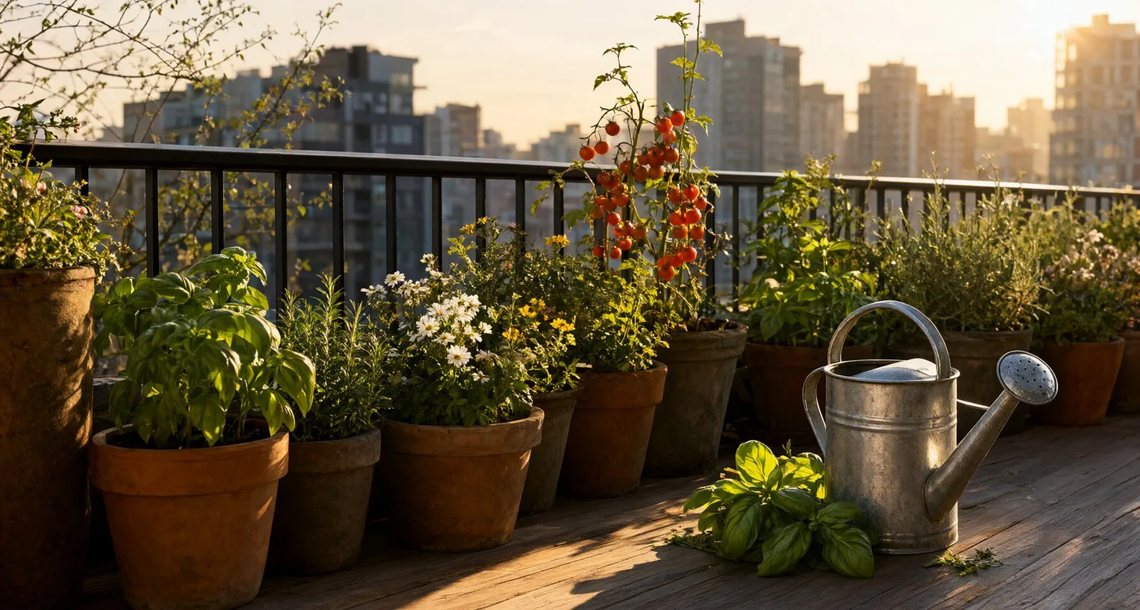 A sunny balcony filled with pots of herbs, tomatoes and flowers