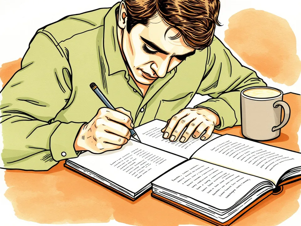 Step 10 of 12: Argue against it in writing. A person writing firmly in a notebook with a determined expression, a closed book and mug beside them