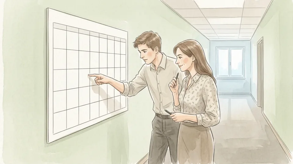 Step 1 of 15: Agree a cadence and defend it. A man pointing at one empty square of a large blank wall-planner grid in an office corridor while a colleague beside him listens, holding a pen in one hand and a mug in the other.