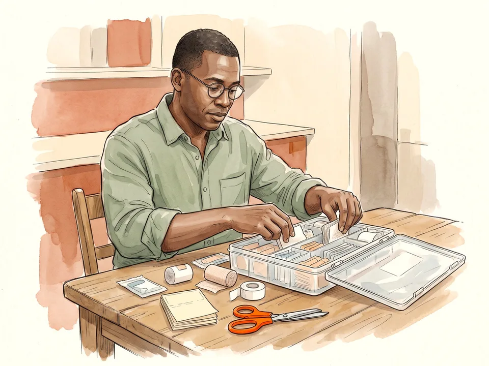 Step 1 of 12: Pick a container you can carry and sort. A man sorting bandages into a compartmented first-aid box