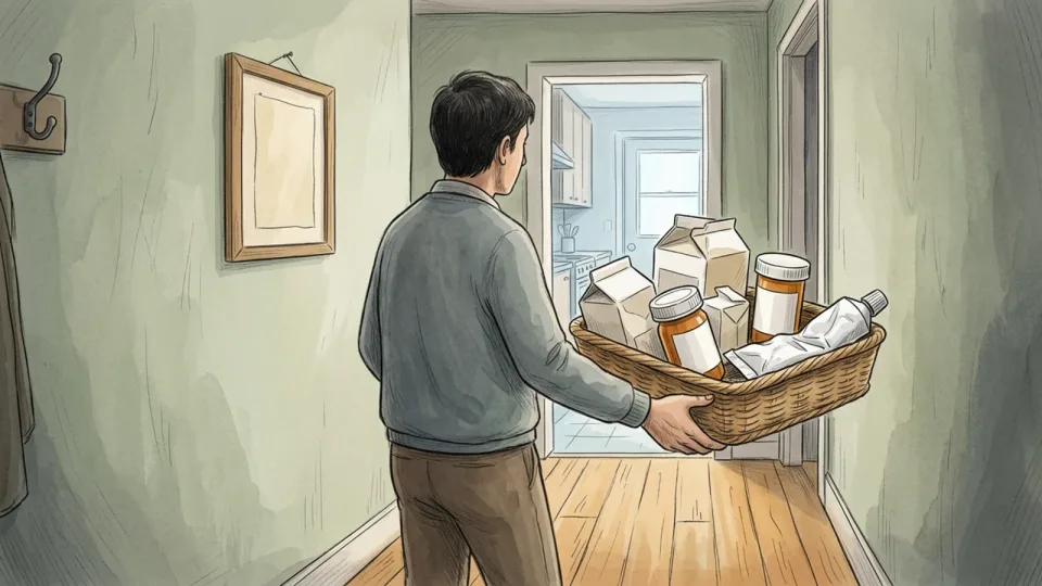 Step 1 of 15: Collect every medicine in the house into one place. A person carrying a shallow basket of medicine boxes and tubes through a hallway towards a kitchen table.
