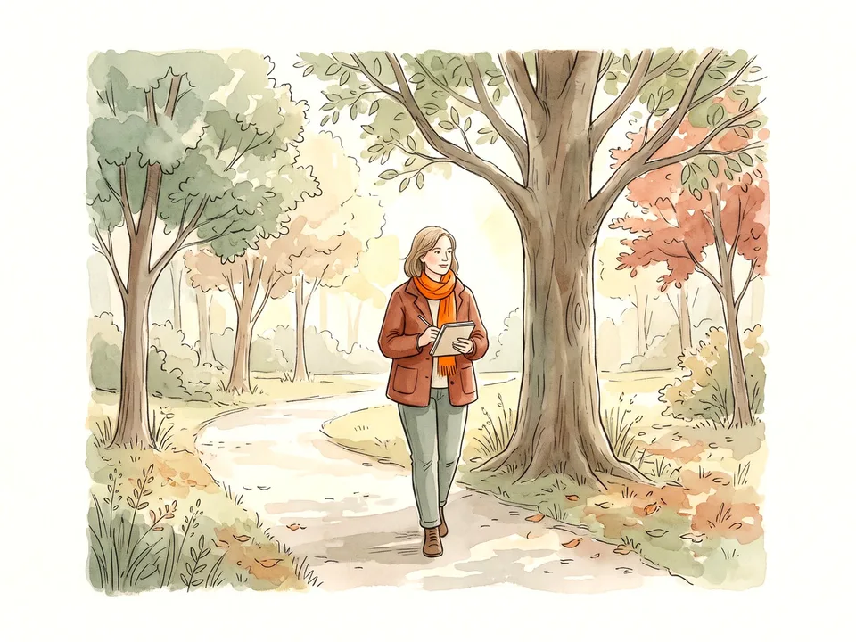 Step 10 of 12: Follow the same route once a week. A woman walking a park path with a journal and pencil