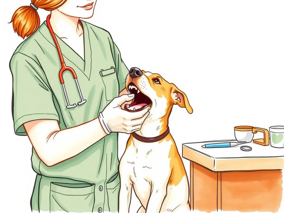 Step 1 of 12: Ask your vet before you start. A veterinarian checking a dog's teeth and gums on an exam table while the owner watches