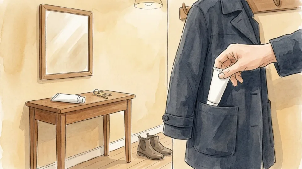 Step 8 of 15: Put a tube everywhere you wash. A hand dropping a small plain tube of cream into a coat pocket by the front door, with another identical tube on the hall table.