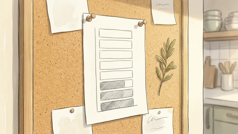 Step 10 of 15: Put the balance where you will see it. A hand-drawn progress chart pinned to a kitchen noticeboard, partly filled in with pencil shading.