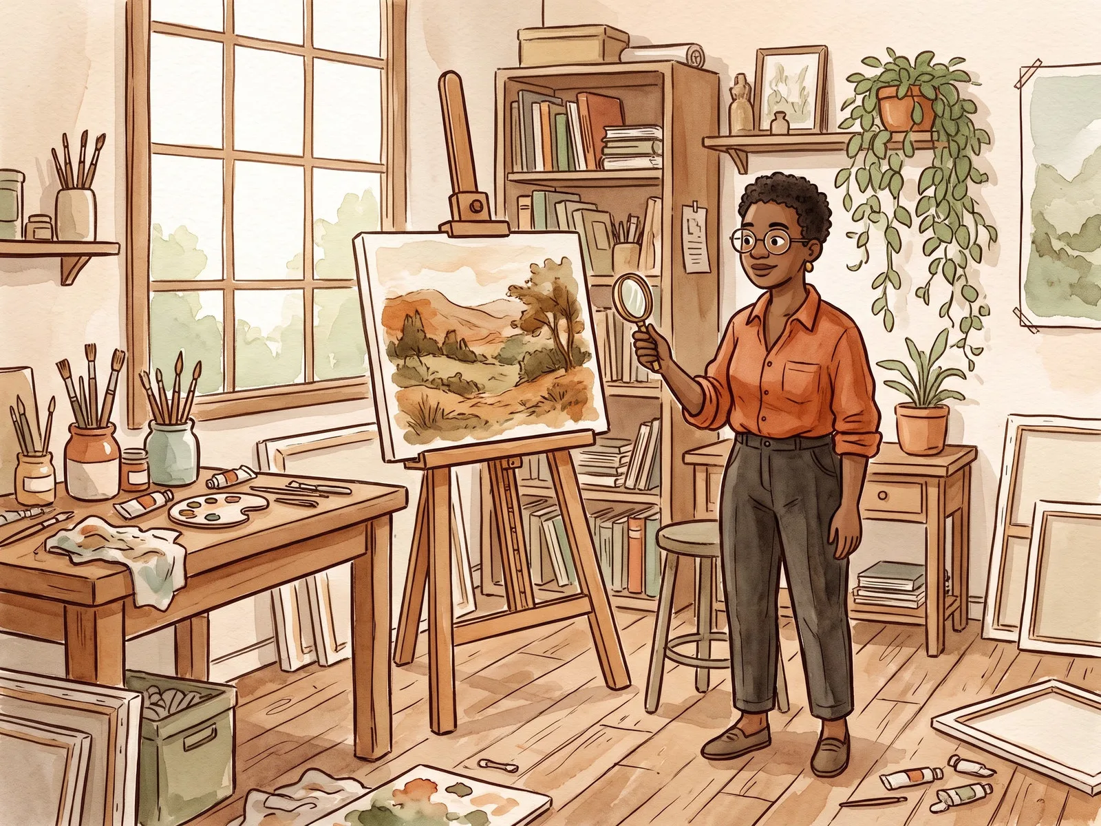 Watercolor cartoon of a Black woman appraiser holding a magnifying glass beside a landscape painting in a sunlit studio