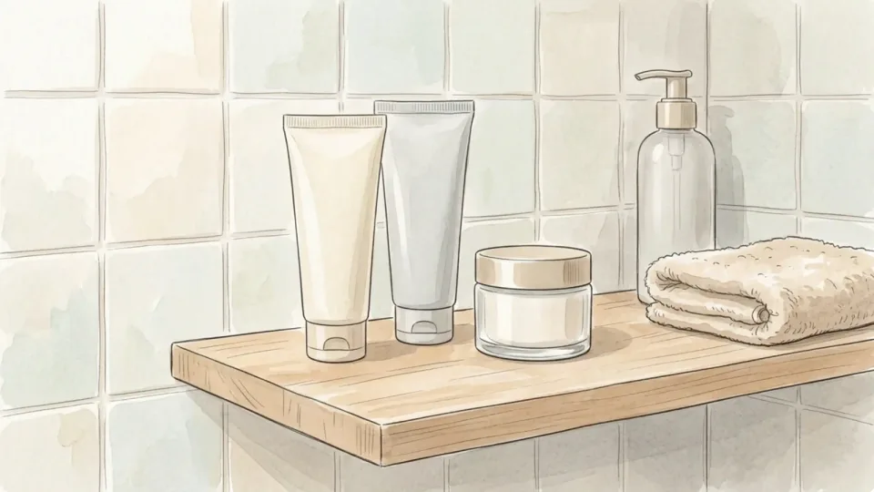 Step 7 of 15: Read the label for fragrance, not for promises. Two plain tubes and a squat tub standing together on a bathroom shelf with a tall pump bottle set apart at the end, beside a folded towel.