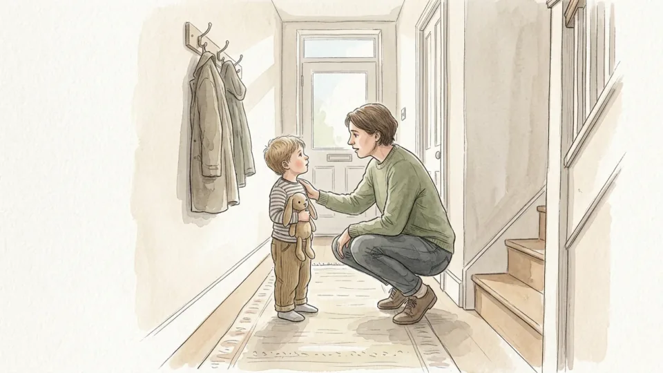 Step 3 of 15: Invite everyone instead of summoning them. A parent crouching to eye level with a young child in a hallway, hands on the child's arms while the child holds a soft toy, coats and a staircase behind them.