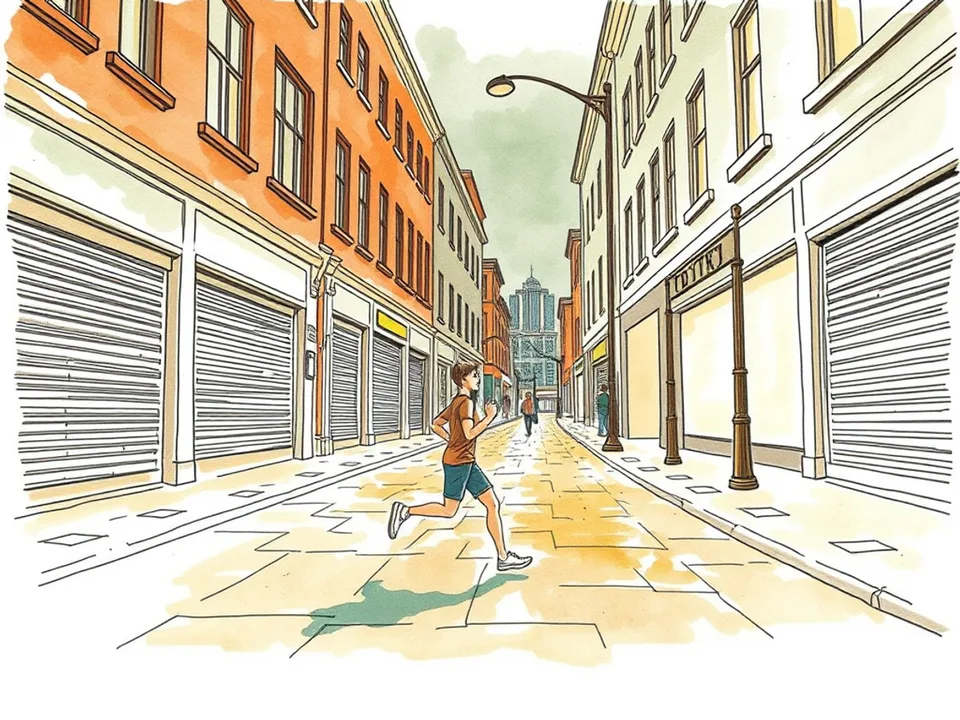 Step 7 of 12: Have a bad-weather and bad-week plan. A person jogging along an empty city street past closed shopfronts under a street lamp