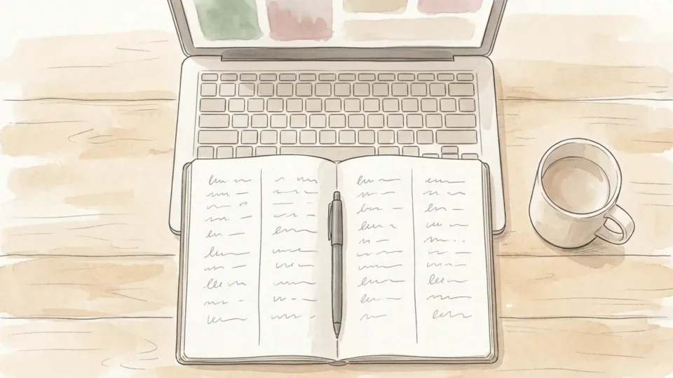 Step 5 of 15: Work out what you can move each payday. An open notebook seen from above with handwritten columns down both pages and a pen resting in the gutter, an open laptop at the top of the desk and a coffee cup to one side.